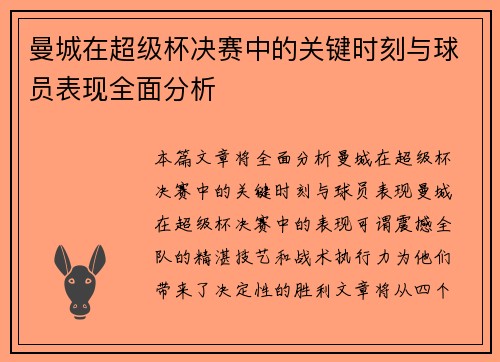 曼城在超级杯决赛中的关键时刻与球员表现全面分析